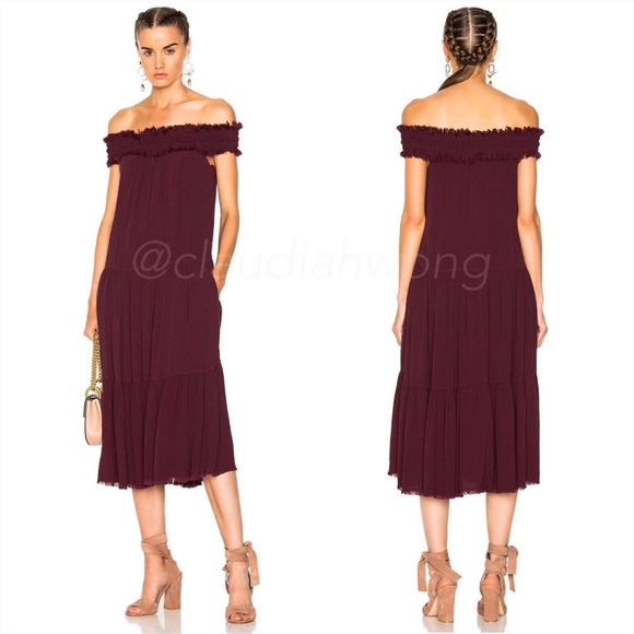 RAQUEL ALLEGRA Off Shoulder Shirred Tiered Midi Dress in Plum - Picture 2 of 9